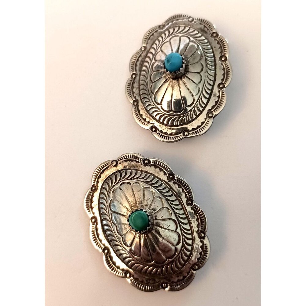 Vntg Signed Navajo Concho 925 Turquoise Earrings Clip on (1596)